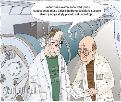 Karikatra Hadron kolaideris, caricature LHC managed, Herta Matulionyt-Burbien, karikatros, caricaturas, cartoon, karikaturen, karikaturi, caricatura.lt